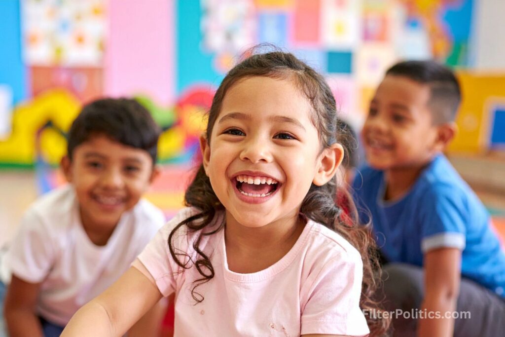 Happy Children Learning Together in Classroom